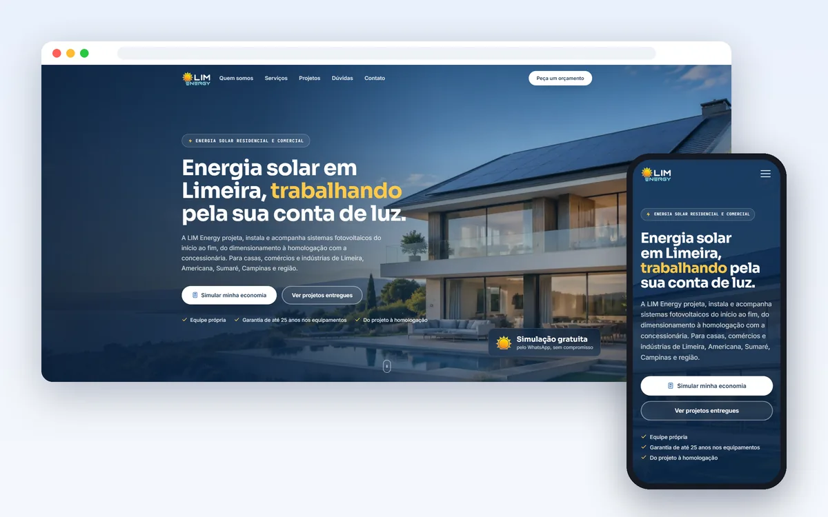 Site da LIM Energy, empresa de energia solar, no computador e no celular