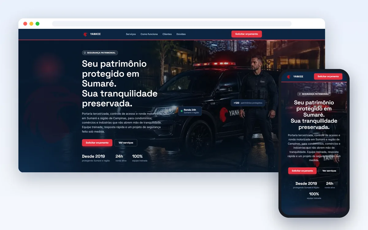 Site da Yankee, segurança patrimonial em Sumaré, no computador e no celular